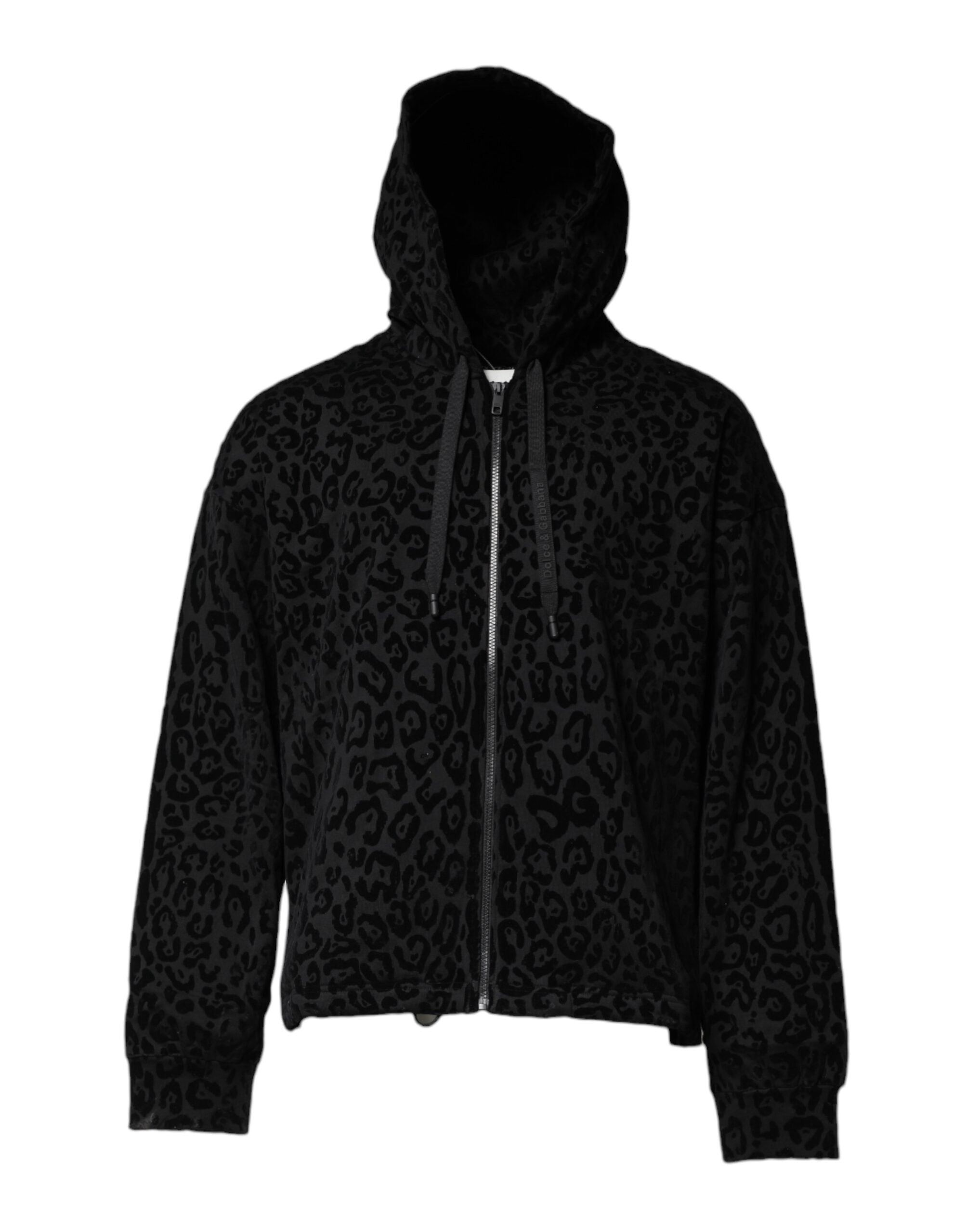 Leopard-Print Cotton Hooded Sweatshirt — Black