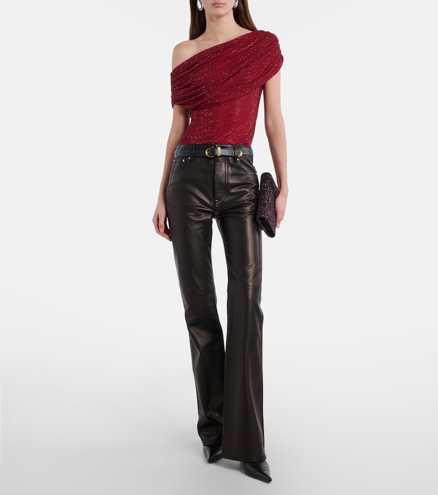 Draped embellished mesh top