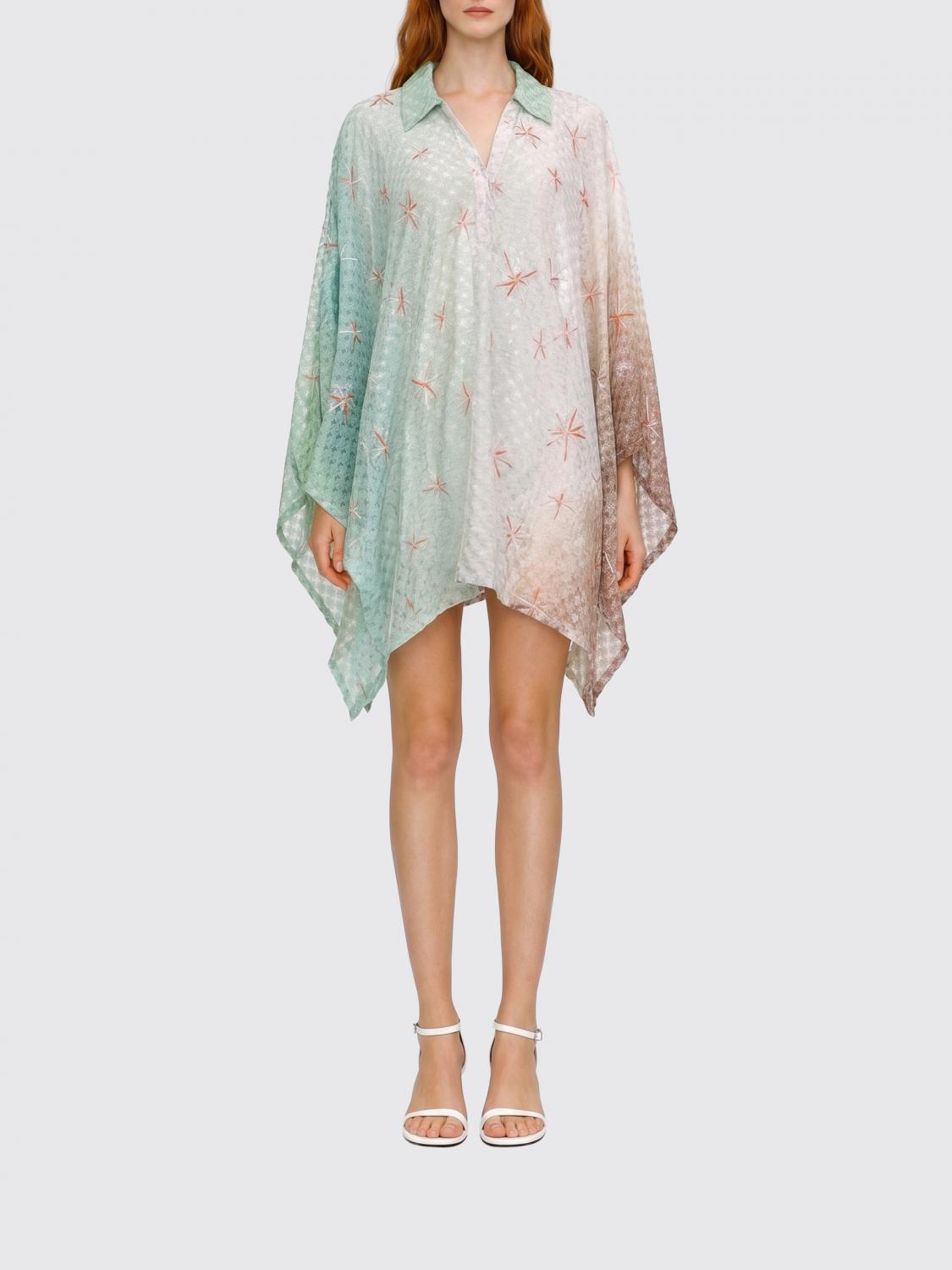 Embroidered V-Neck Viscose Mini Caftan with Asymmetrical Hem