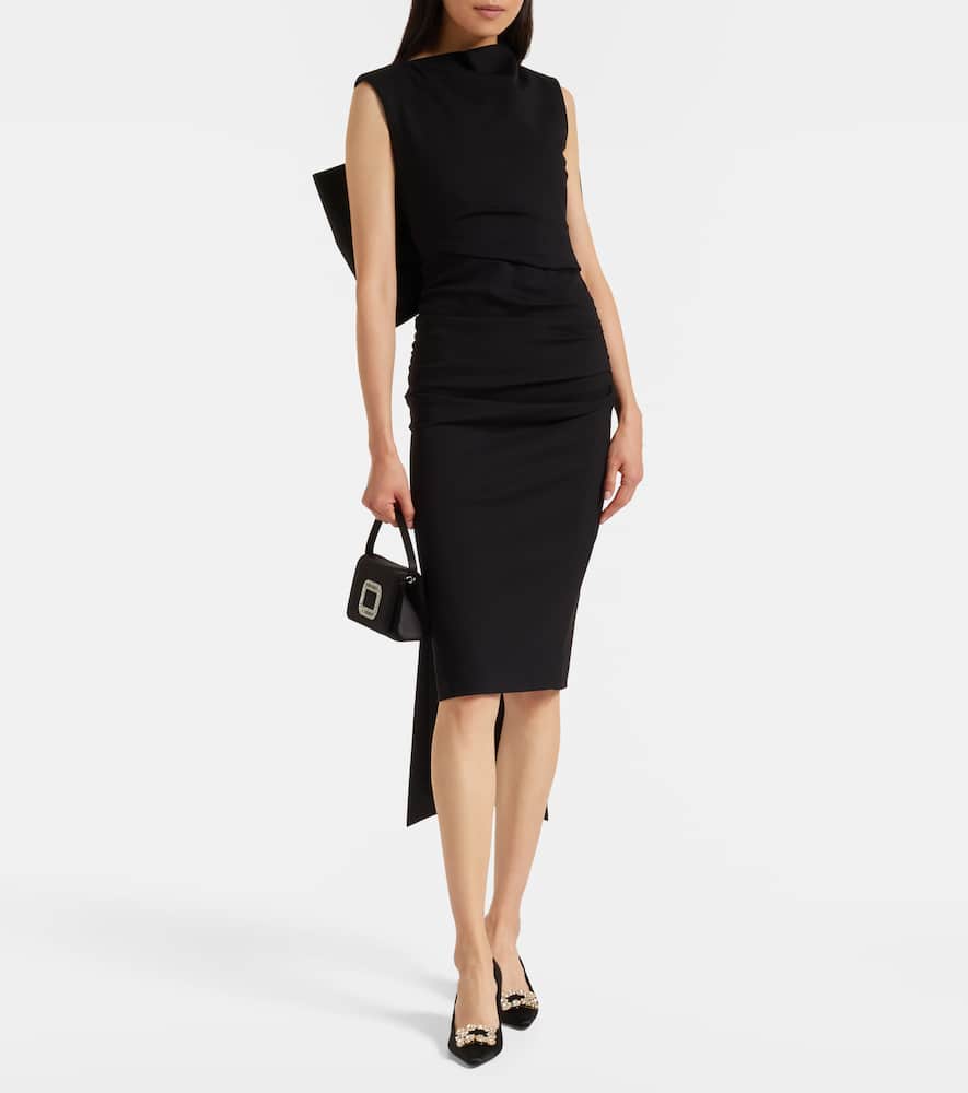 Bow-detail ruched satin-trimmed midi dress