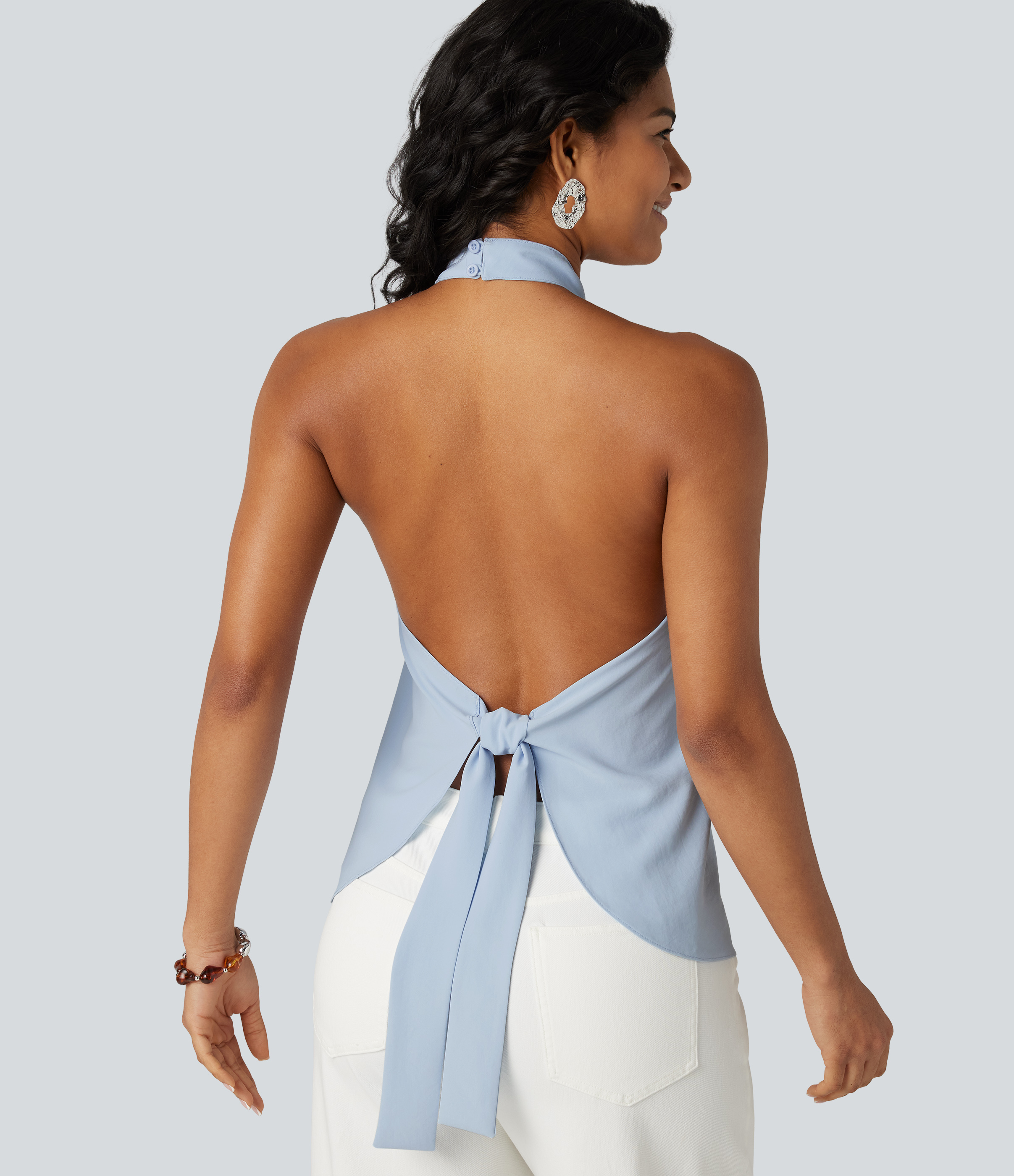 Backless Tie-back Casual Halter Top Tank Top - Light Steel Blue