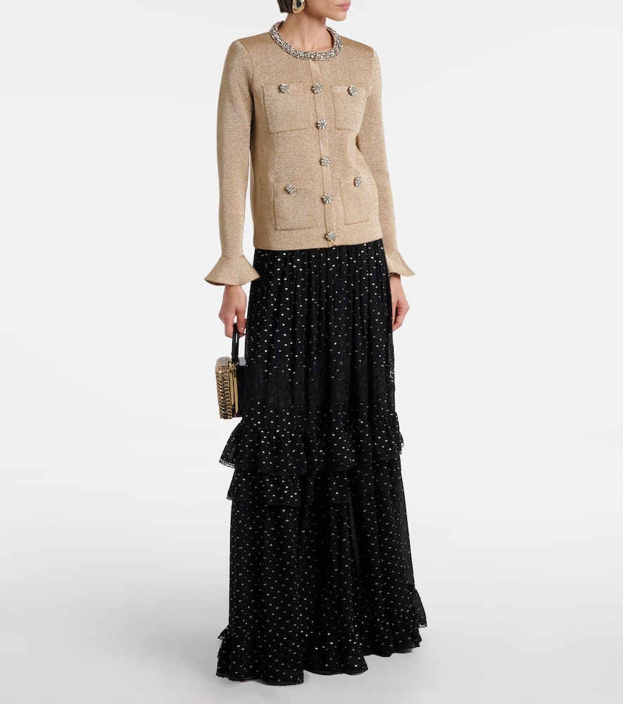 Lace-trimmed polka-dot chiffon maxi skirt