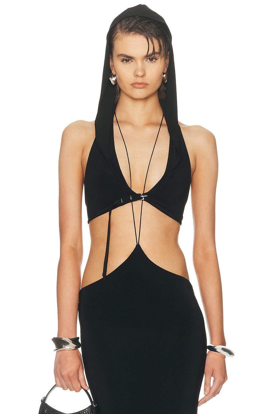 Grace Ling Belted Hood Bralette Top in Black - Black. S also in XS