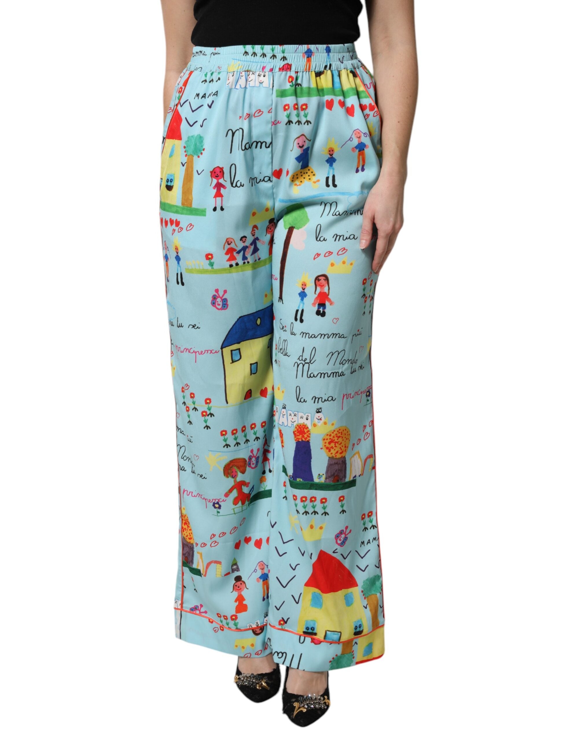 Whimsical Drawing Print Trousers — Blue
