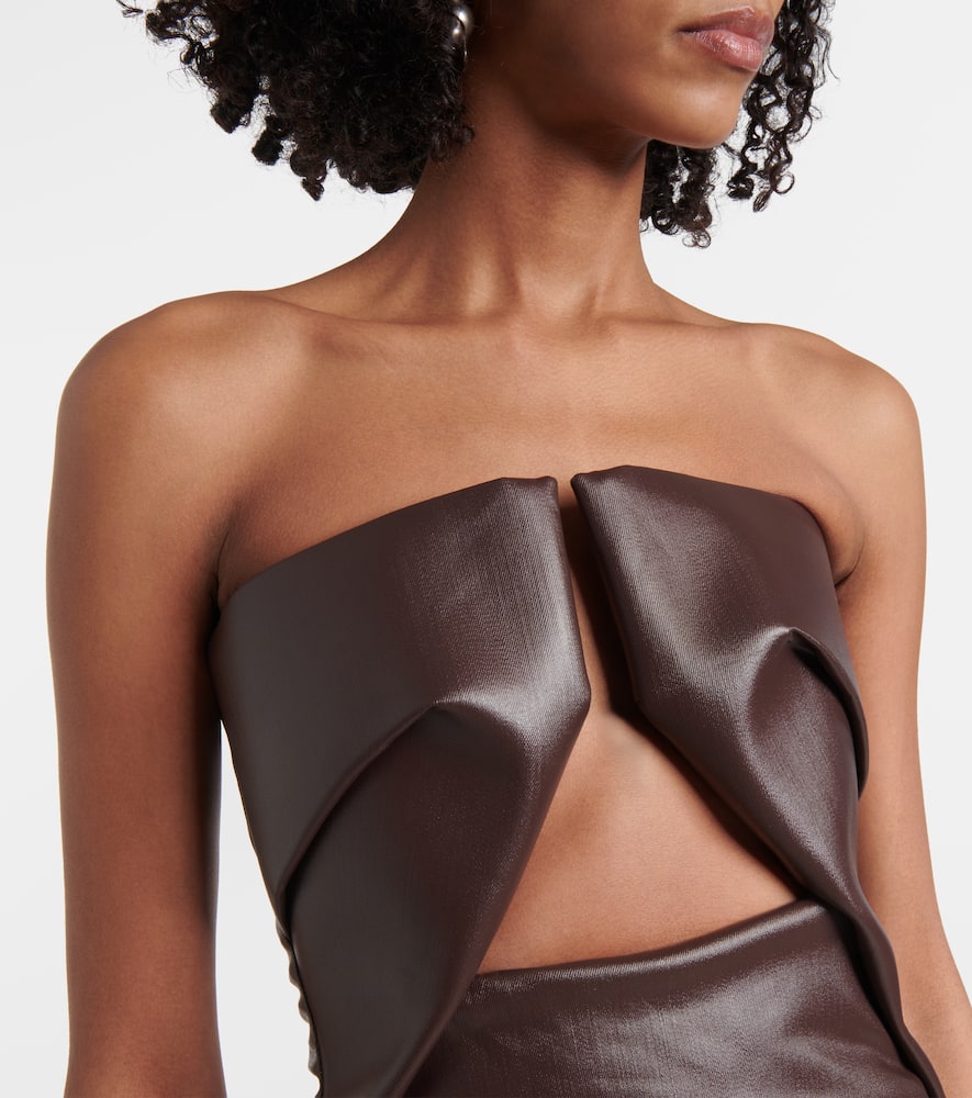 Prong cutout coated denim bustier dress