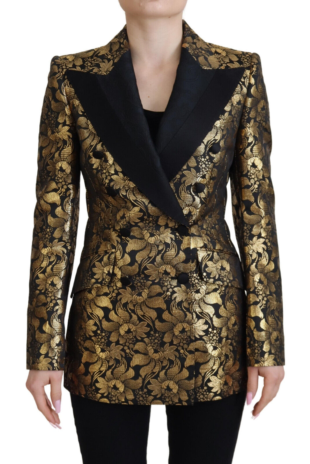 Gold Floral Jacquard Blazer — Black