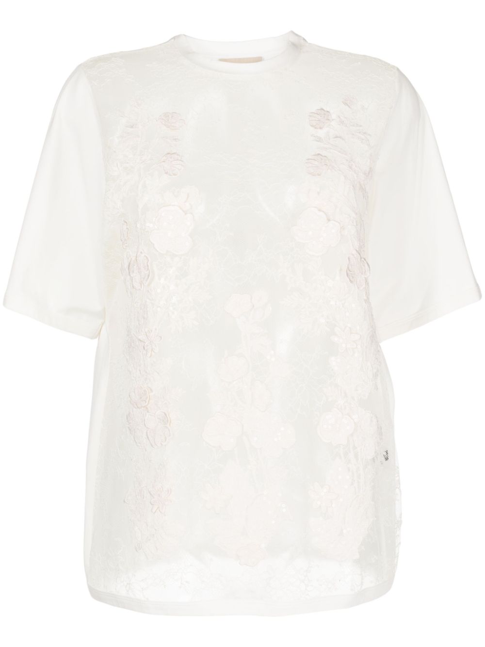 Floral-appliqué sheer T-shirt - White