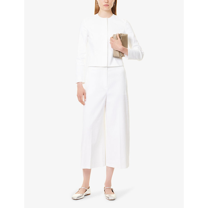 Womens White Crosshatch-weave Wide-leg Mid-rise Linen-blend Trousers
