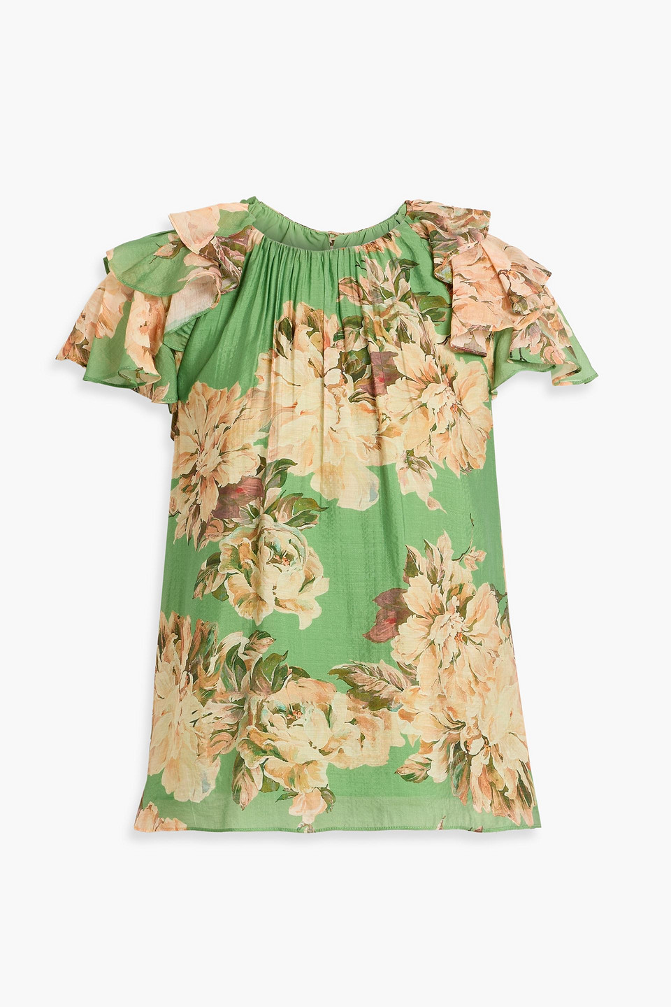 Ruffled floral-print chiffon top - Green - US 4