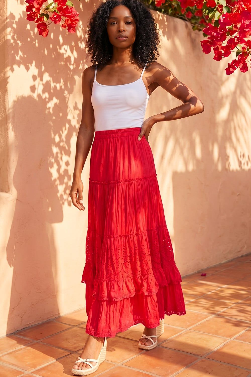 Roman Women's Broderie Tiered Maxi Skirt in Red