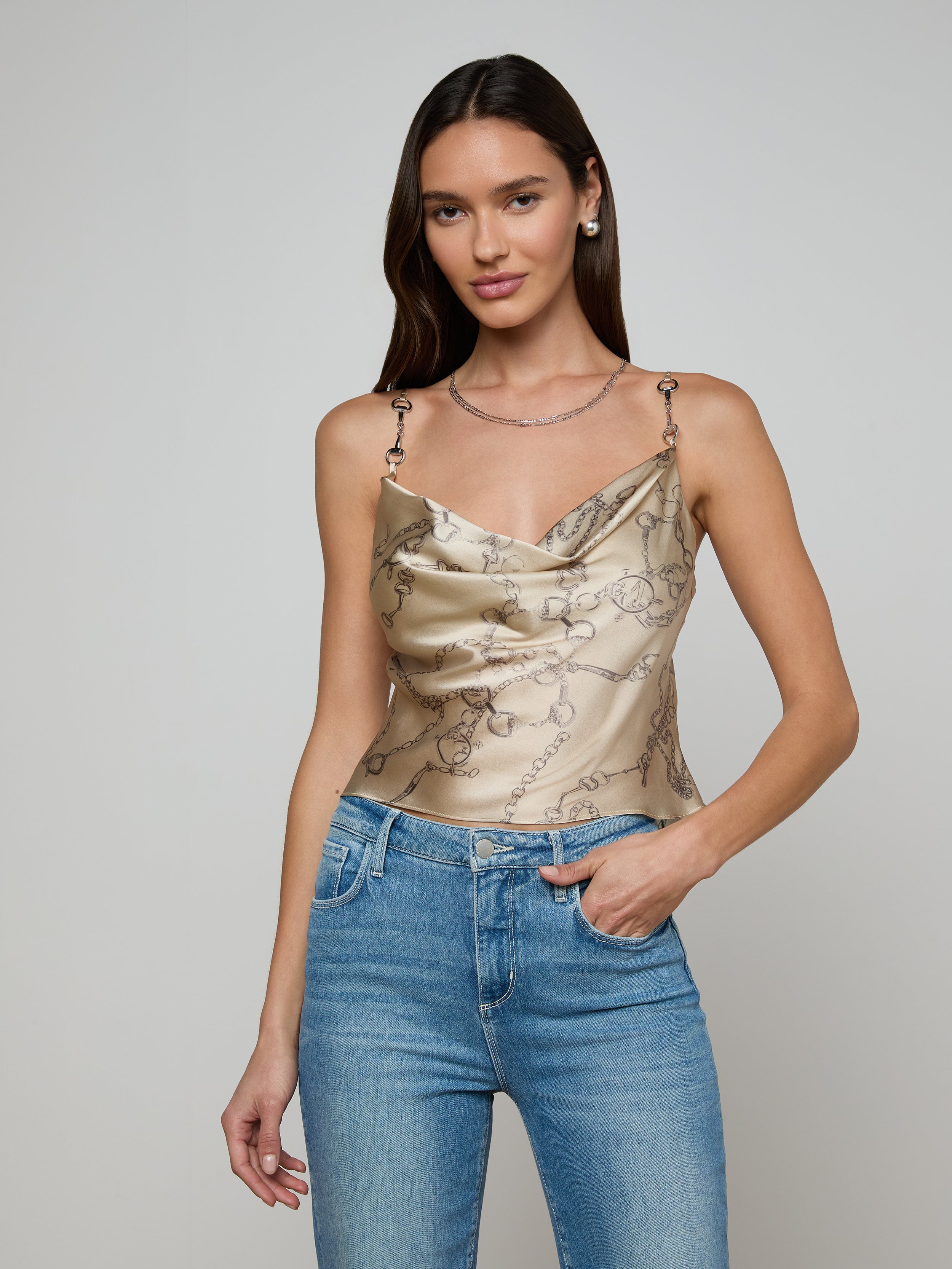 Calista Silk Camisole In Soft Macadamia Multi Small Horsebit Chain