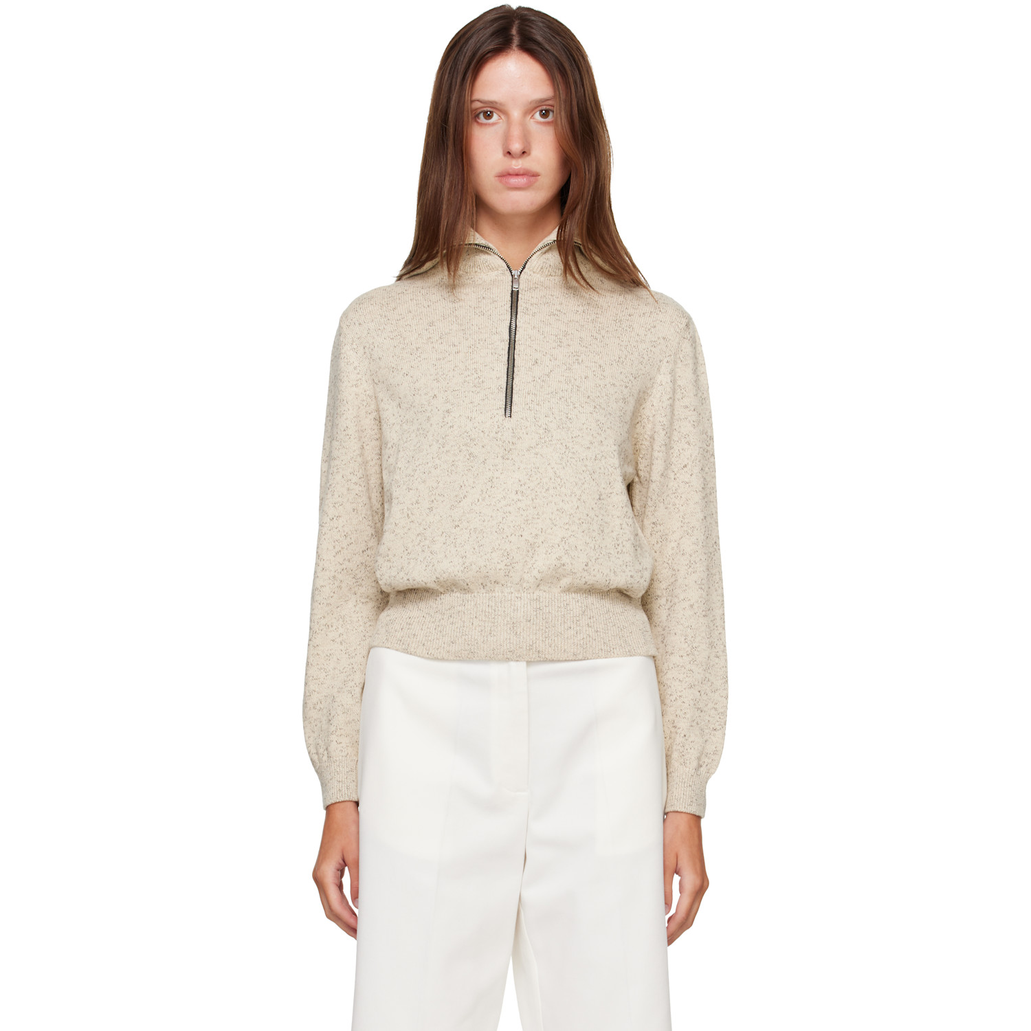 Off-White Flecked Cotton Zip-Up Sweater