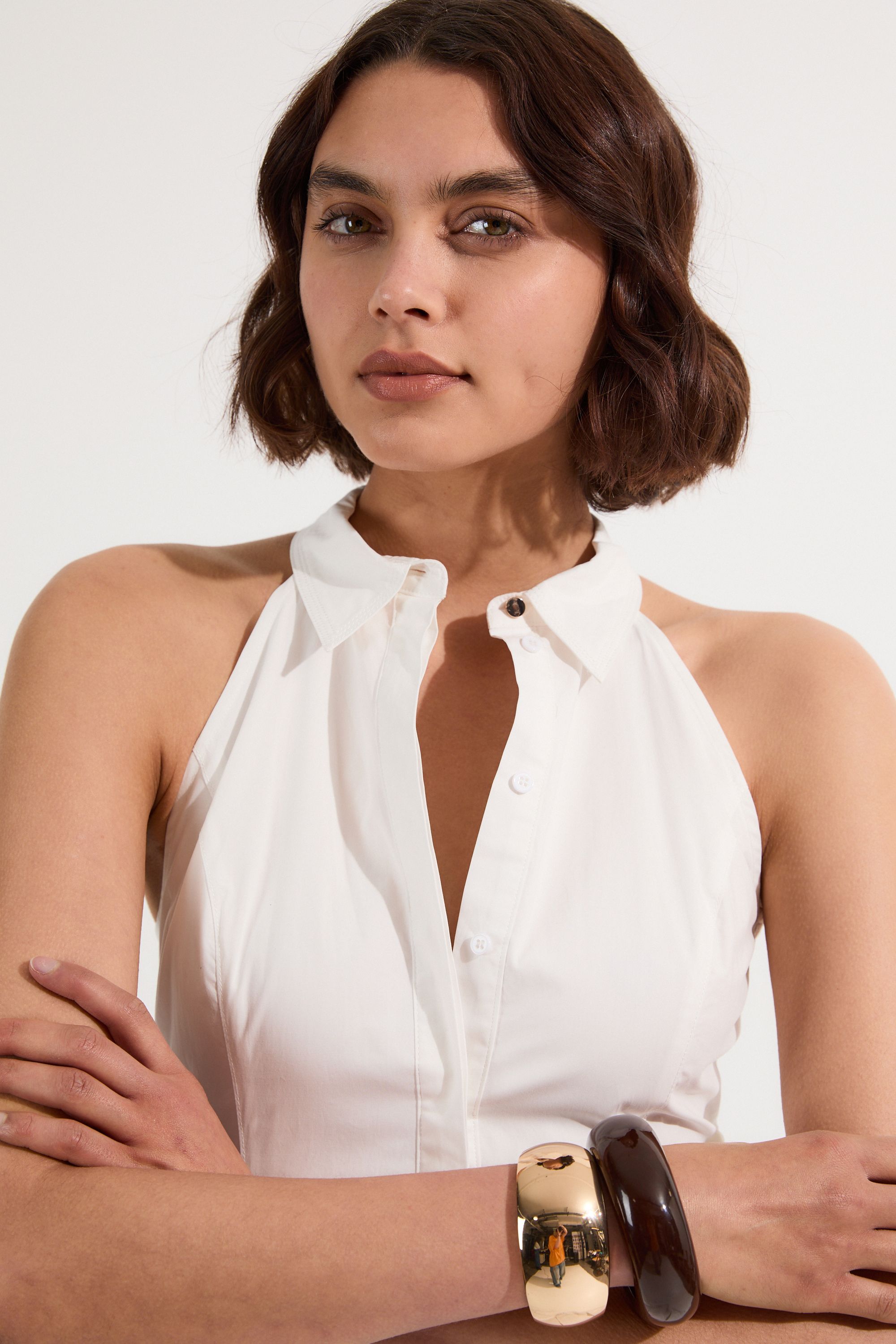 Karen Millen Womens Petite Cotton Collared Halter Neck Woven Midi Shirt Dress With Dropped Waist Detail - White