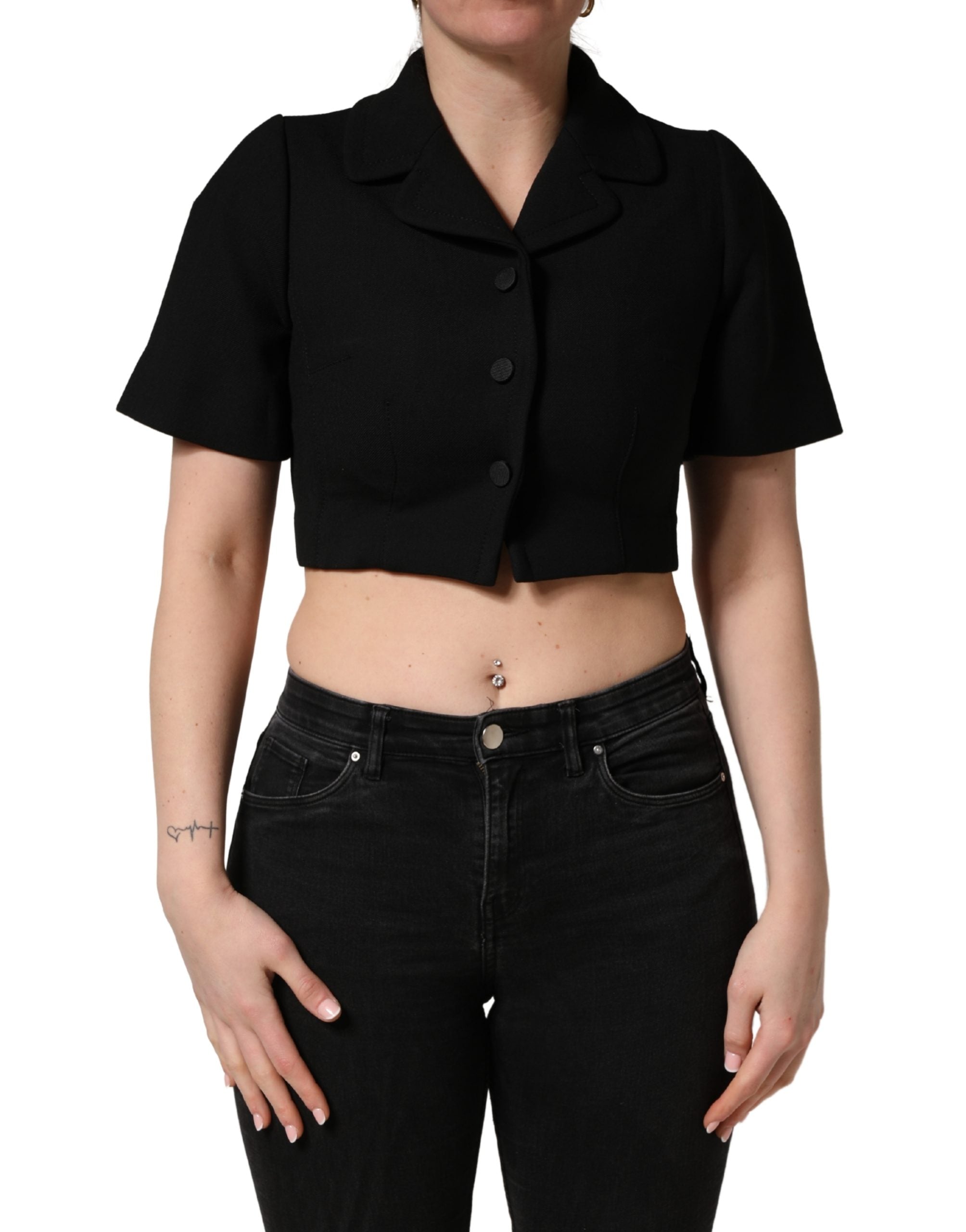 Cropped Collared Virgin Wool Blouse — Black
