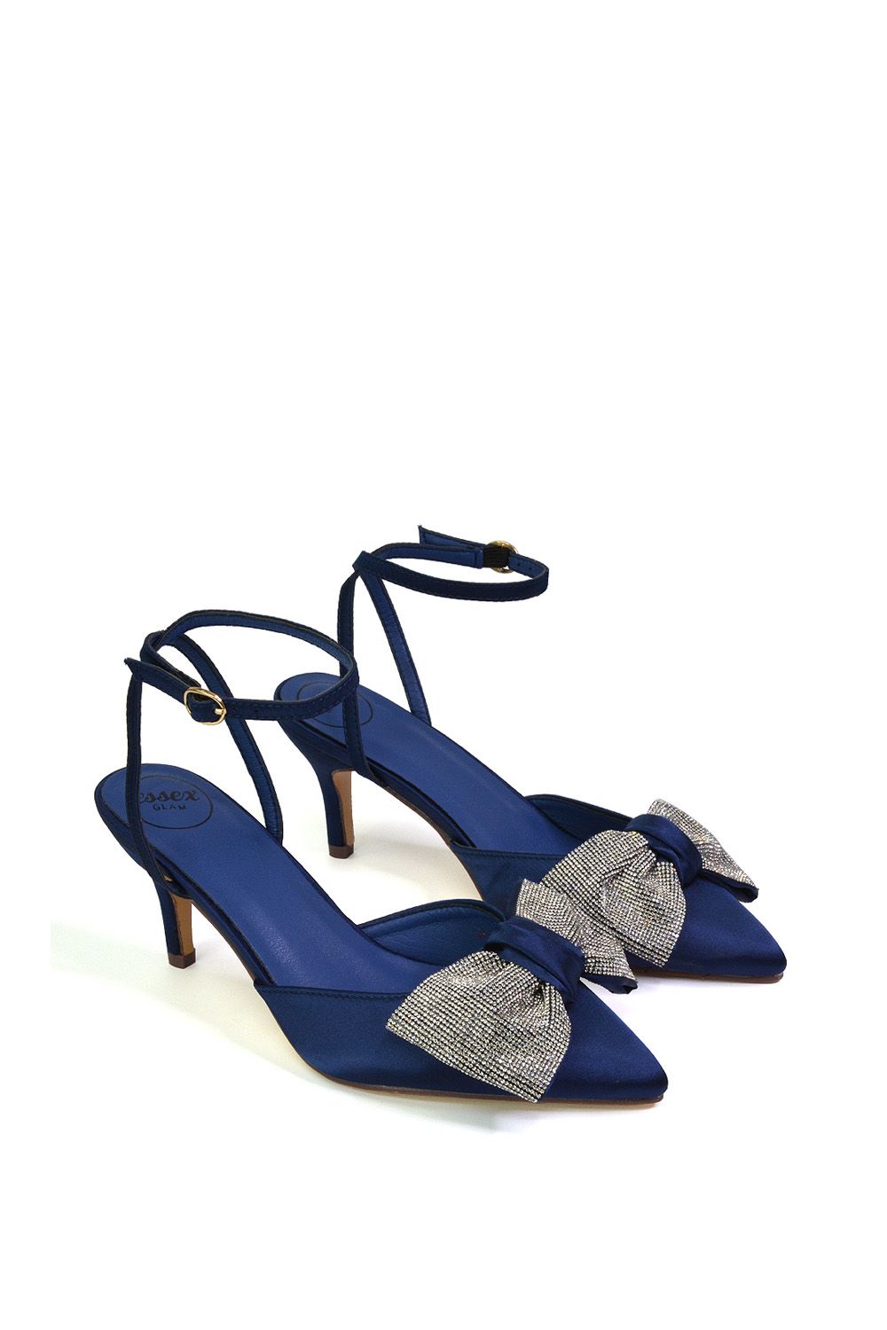 XY London Women's 'Solene' Diamante Bow Pointed Toe Court Shoes Mid Stiletto Bridal Heels in Navy