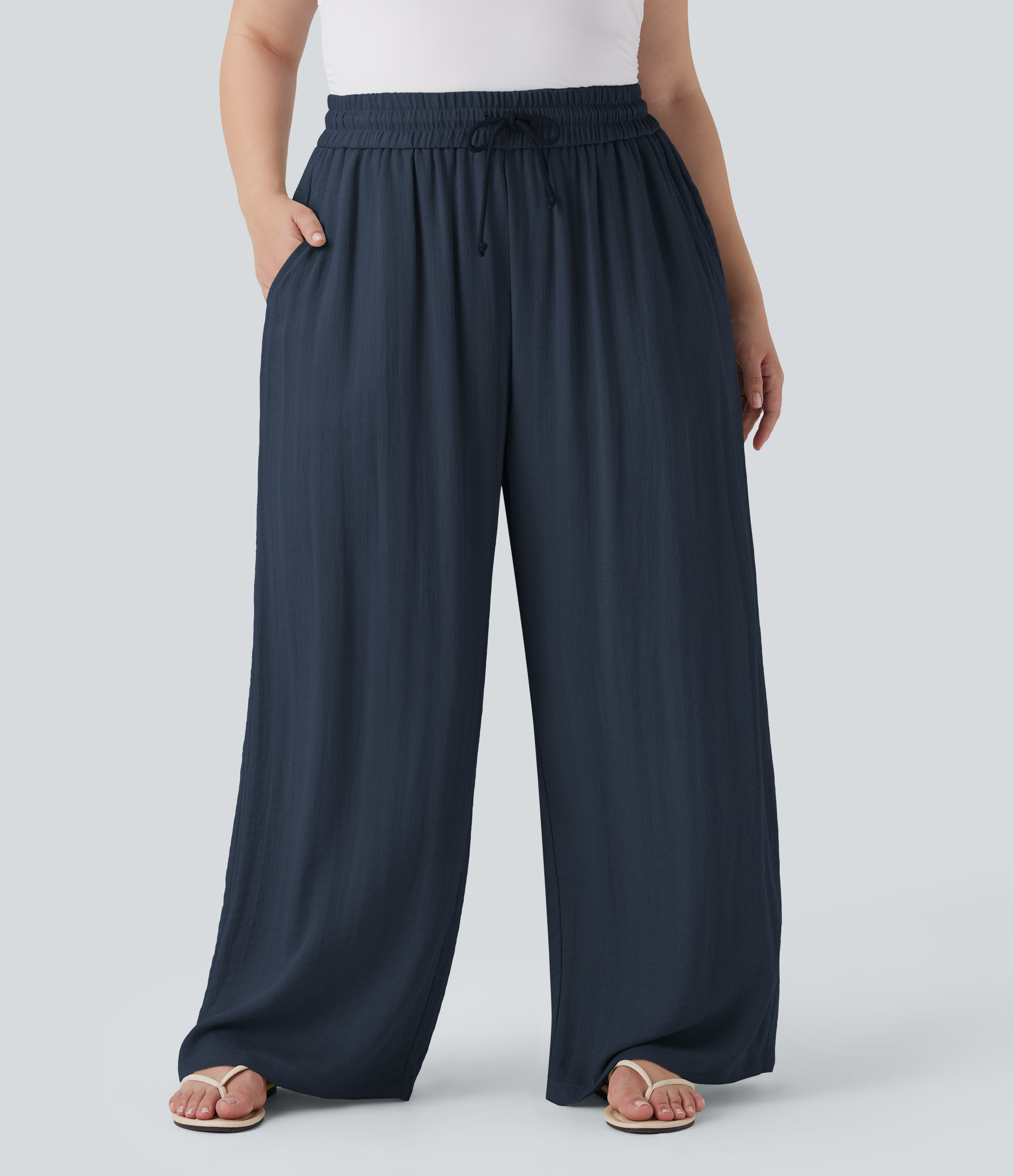 High Waisted Drawstring Linen-Feel Wide Leg Casual Plus Size Pants with Pockets  - Charm Ink Blue