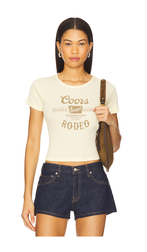 The Laundry Room Coors Banquet Rodeo Stamp Baby Tee in Yellow. L. Also in