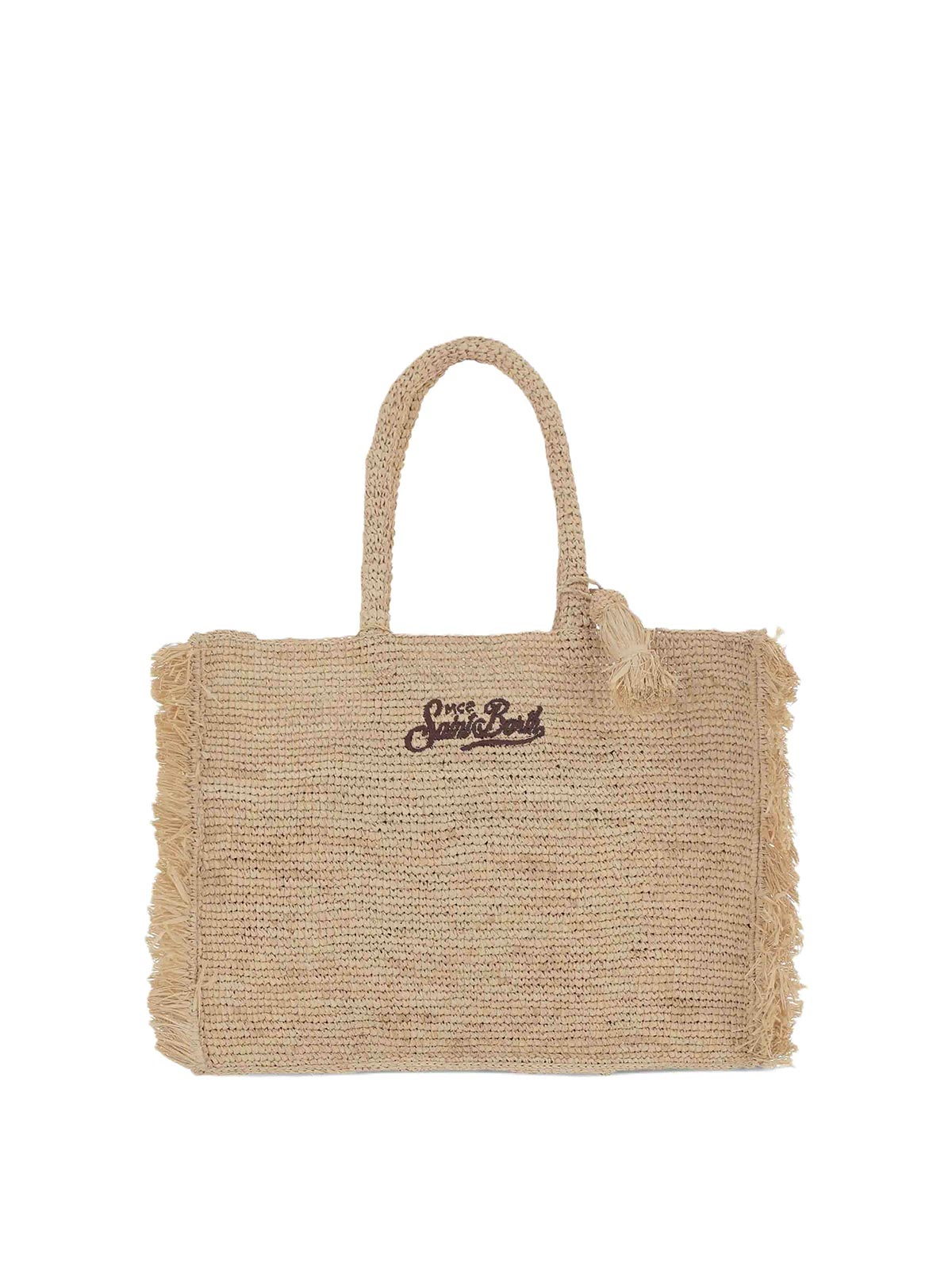 Vanity Beige Handbag With Fringed Edges And Logo On The Front Raffia Woman Hand Bags - Women