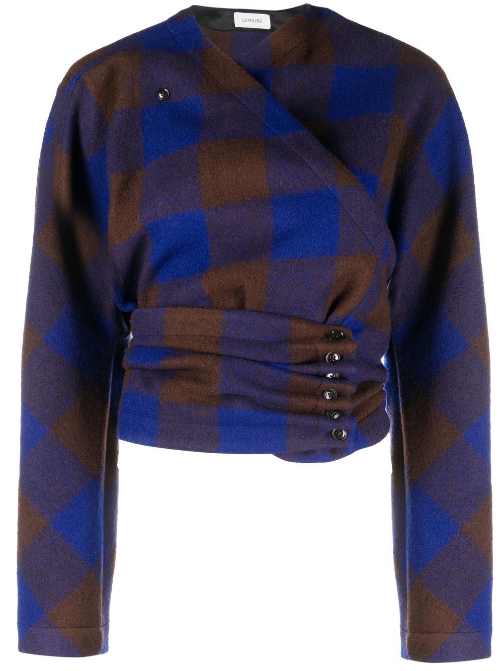 Check-print wool wrap blouse - Blue