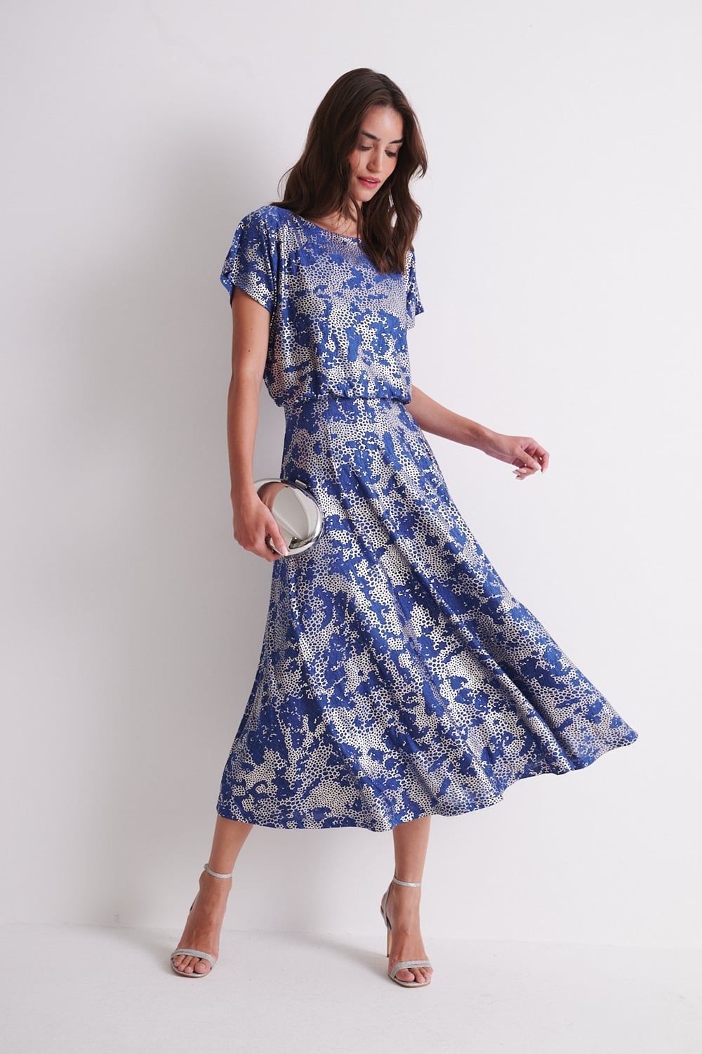 Klass. Foil Printed Midi Dress In Blue