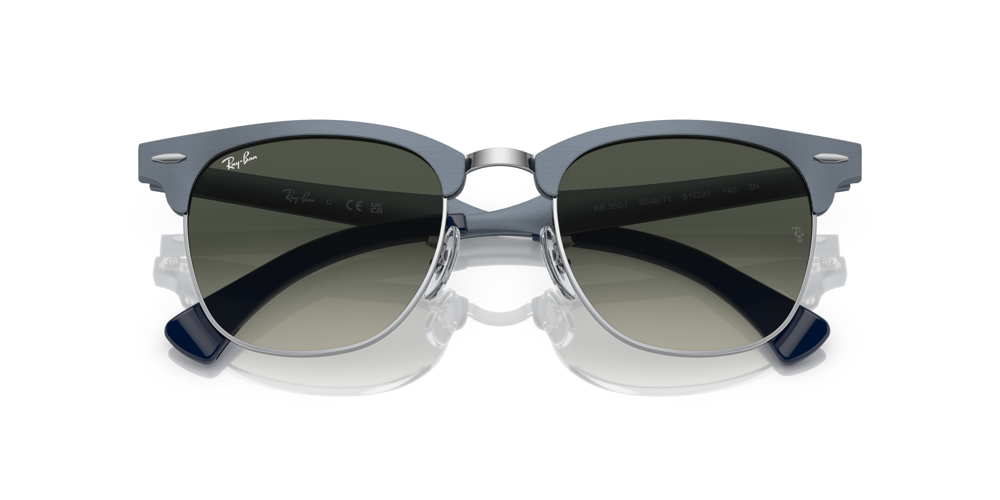 Ray - Ban Unisex Ray - Ban RB3507 CLUBMASTER ALUMINUM 924871 Sunglasses Metal Blue Grey Squared Normal Shaded