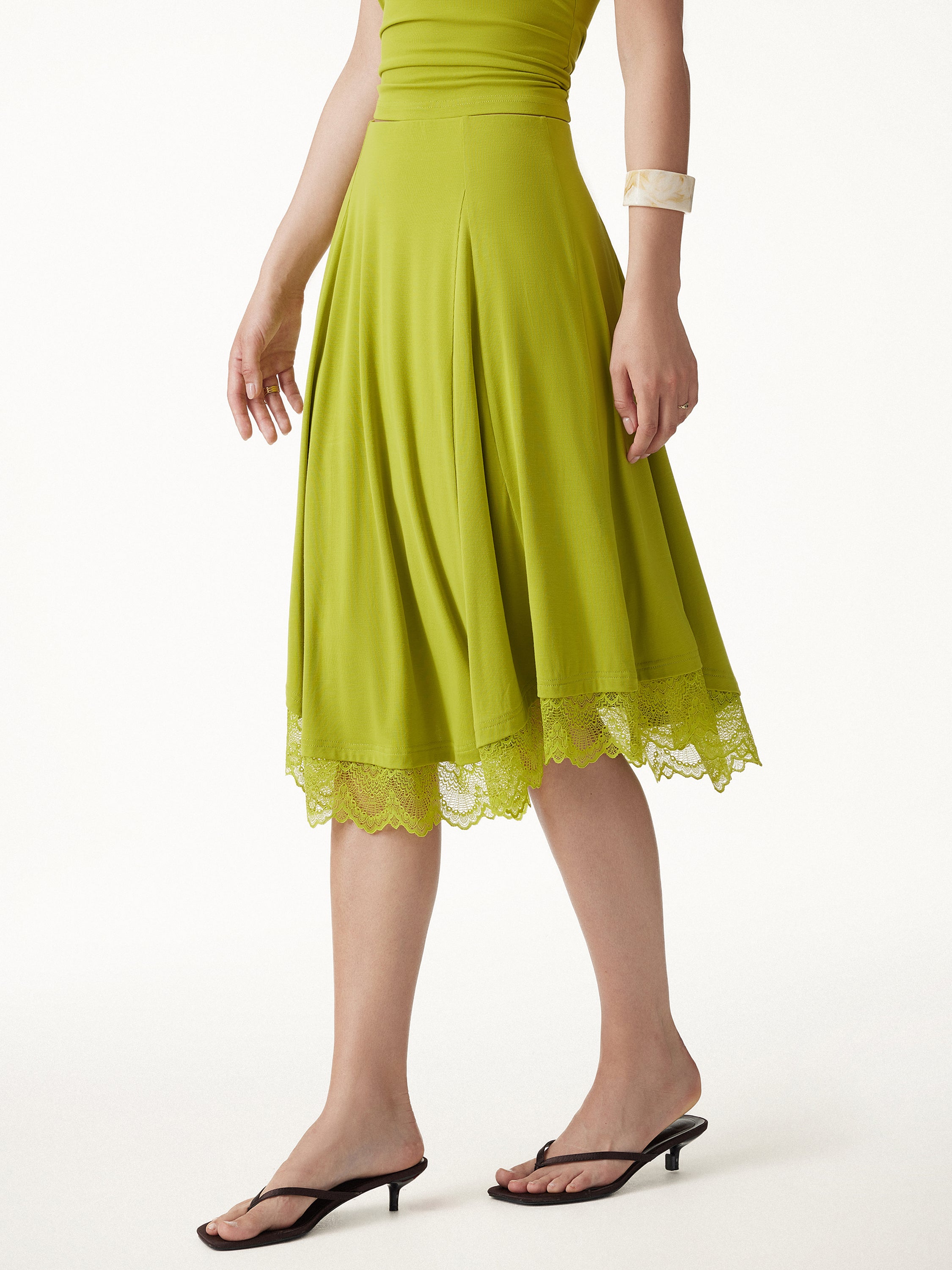 Lace Trim Midi Circle Flare Skirt - Sprout Green