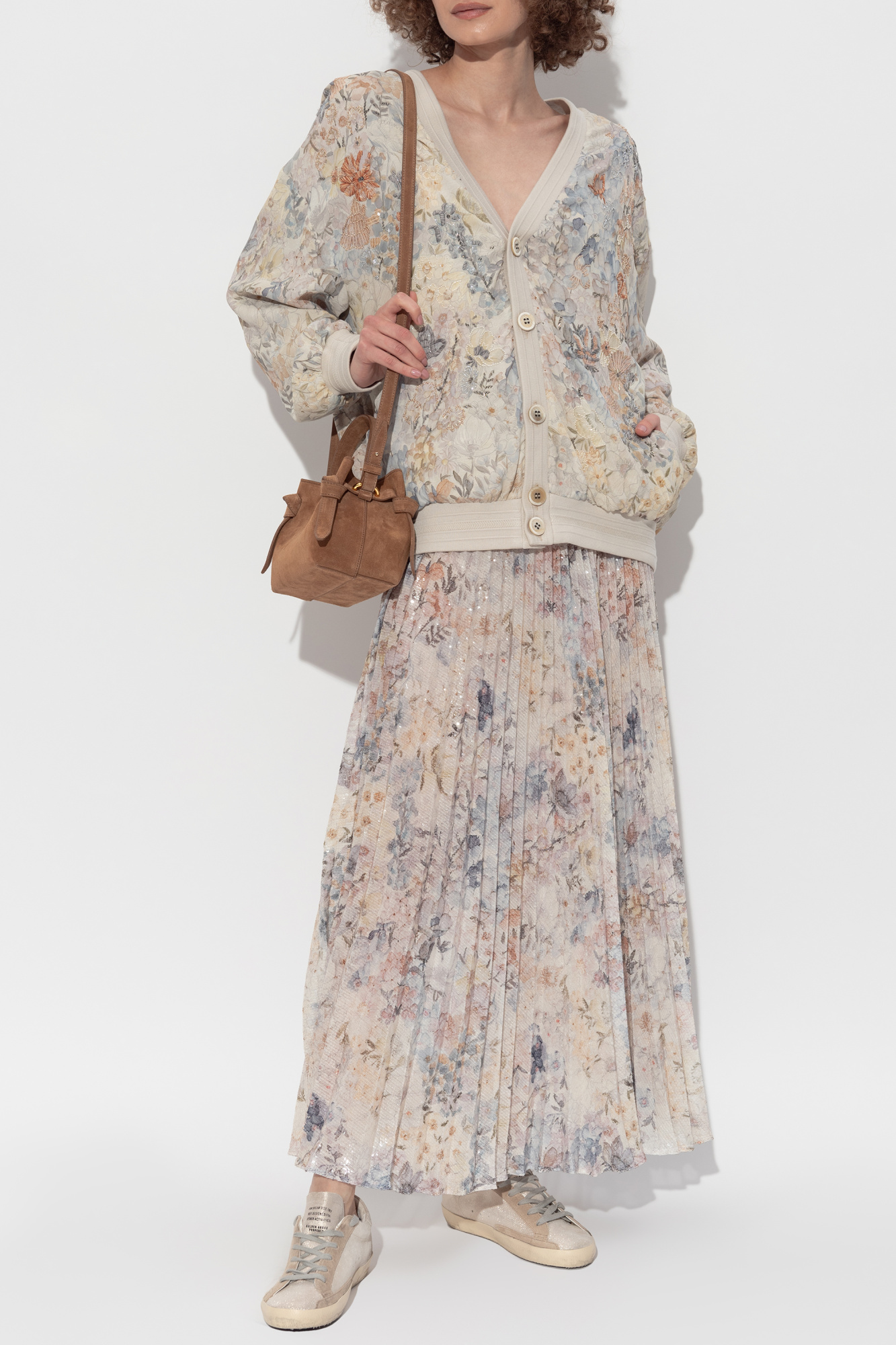Pleated Skirt Finished With Sequins, Women's, Cream
