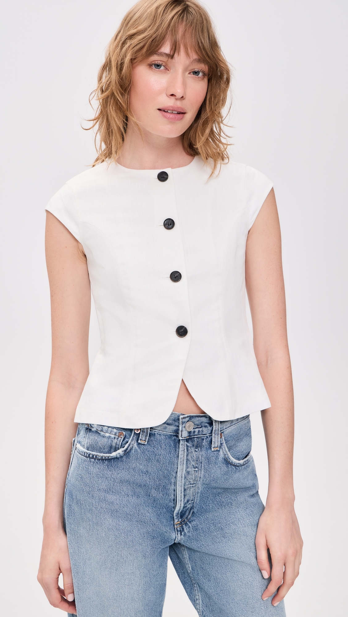 Connie Linen Mix Button Up Top White