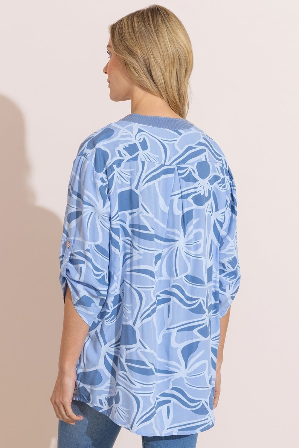 Klass. Women's Embellished Printed Relaxed Fit Cotton Top in Blue