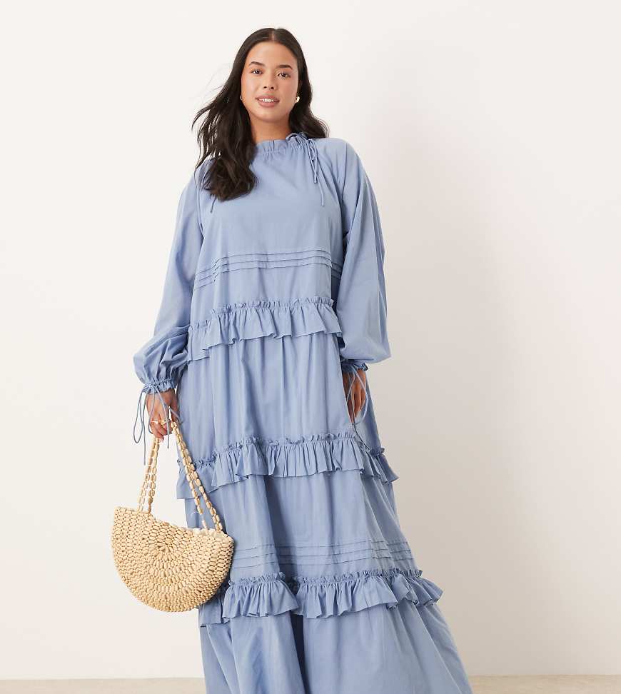 ASOS DESIGN Curve tiered ruffle maxi dress with ties in smokey blue