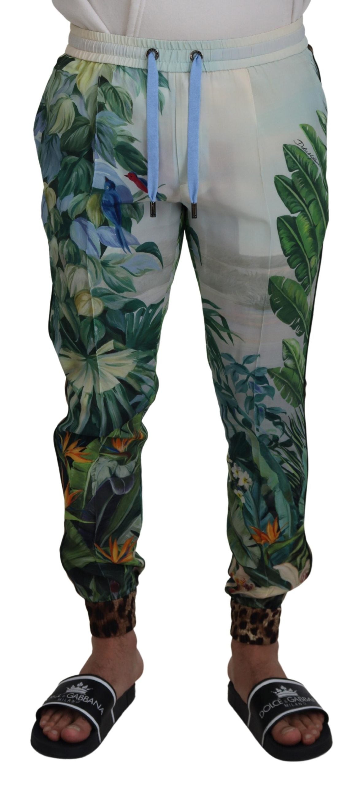 Tropical Floral Silk Jogger Pants — White