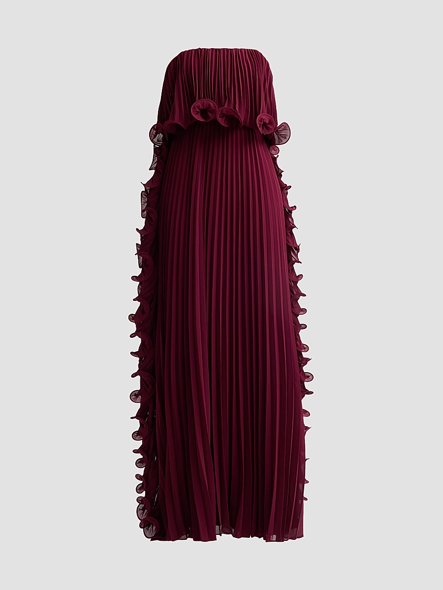 Women's Ruffle Pleated Chiffon Strapless Gown - Wine