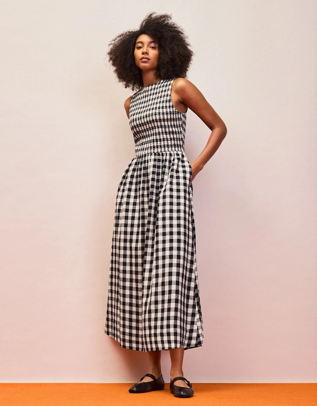 RO&ZO Women's Mono Gingham Cotton and Linen-Blend Shirred Midi Dress - Black