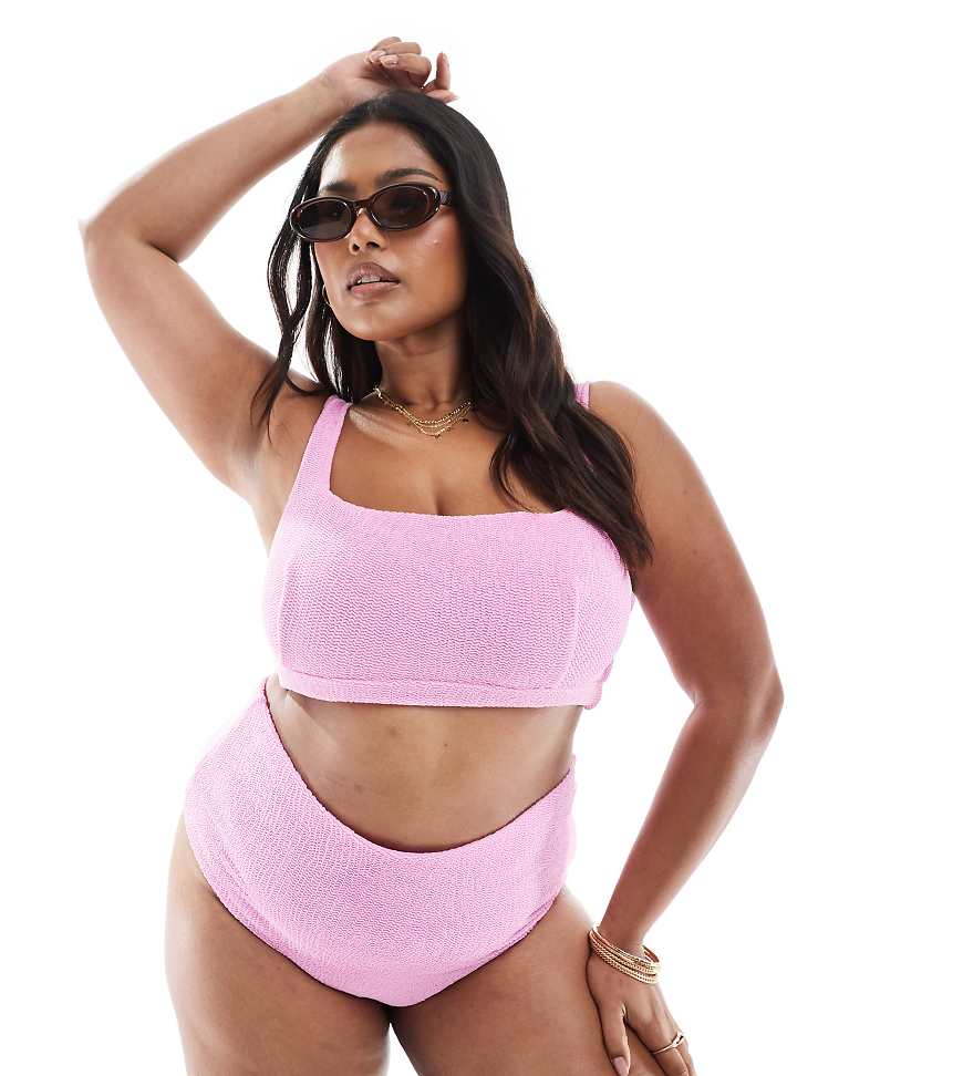 ASOS DESIGN Curve charlene textured high leg high waist bikini bottom in light pink