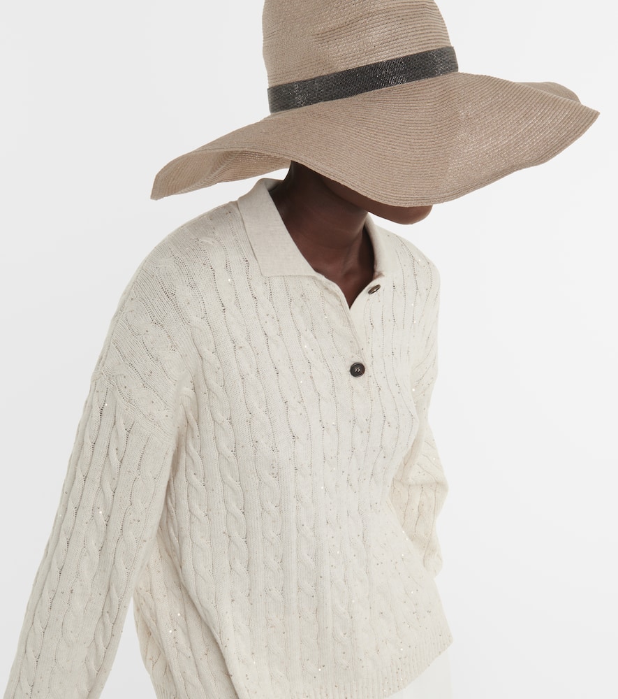 Cable-knit cotton-blend polo sweater