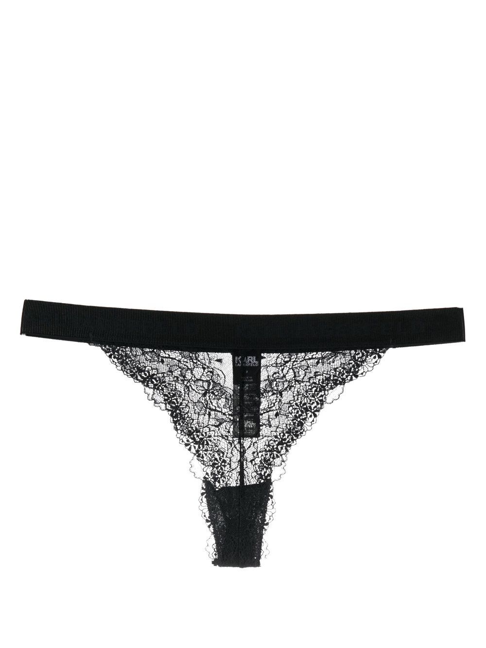 Lace-detail logo-waistband thong - Black