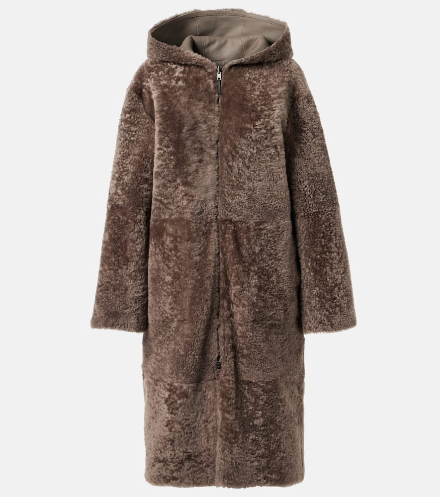 Reversible shearling and leather hooded coat