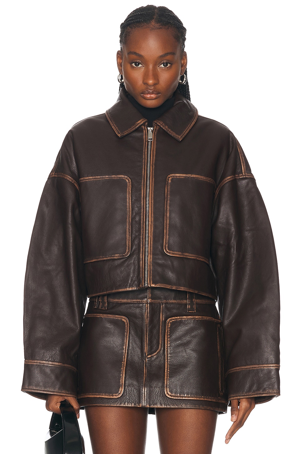 GRLFRND Cropped Leather Patch Pocket Jacket in Brown - Brown. L also in