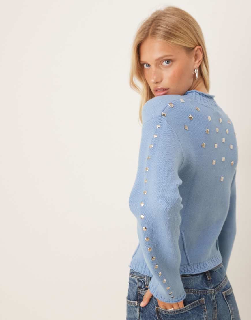 Studded knit cardigan in ice blue