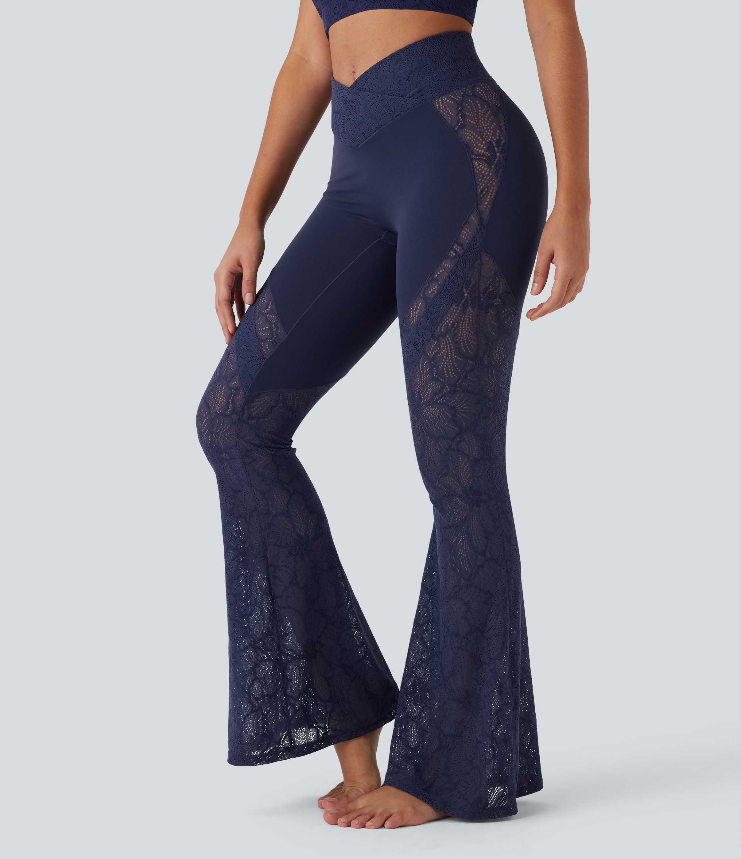SoftlyZero™ High Waisted Crossover Pocket Contrast Lace Flare Yoga Leggings  - Peacoat
