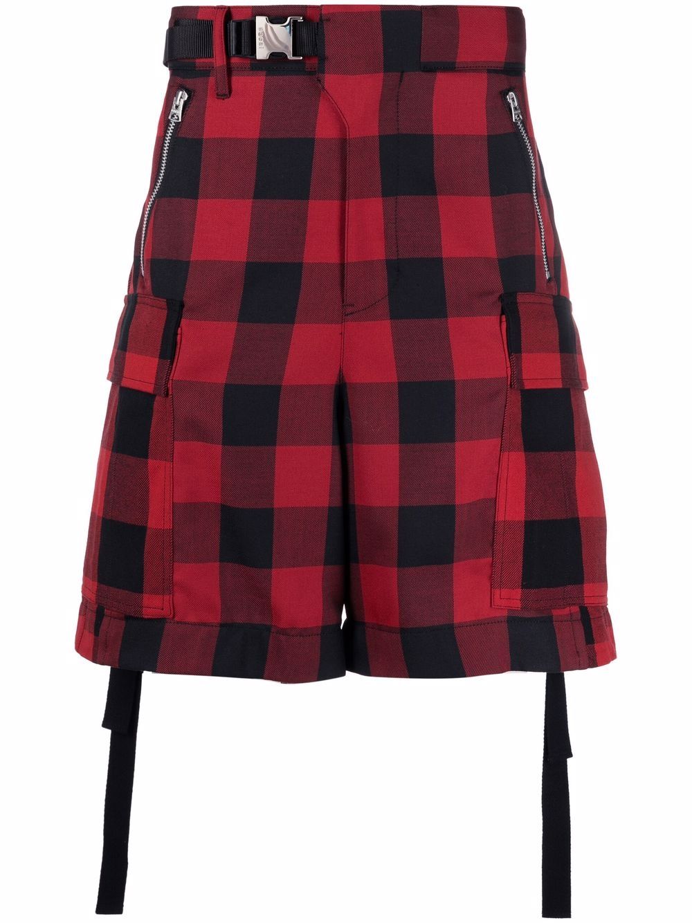 Check-print belted cargo shorts - Red