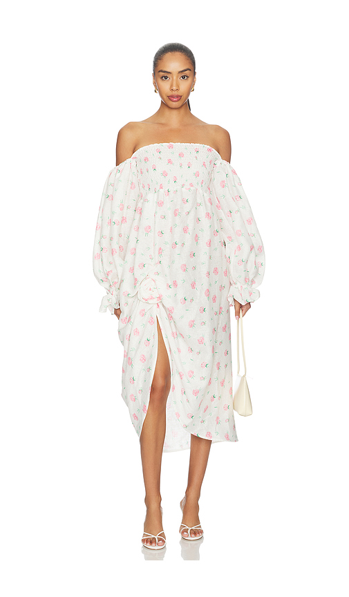 Sleeper Atlanta Linen Dress With Rose Detail in Cream. - L also in XS