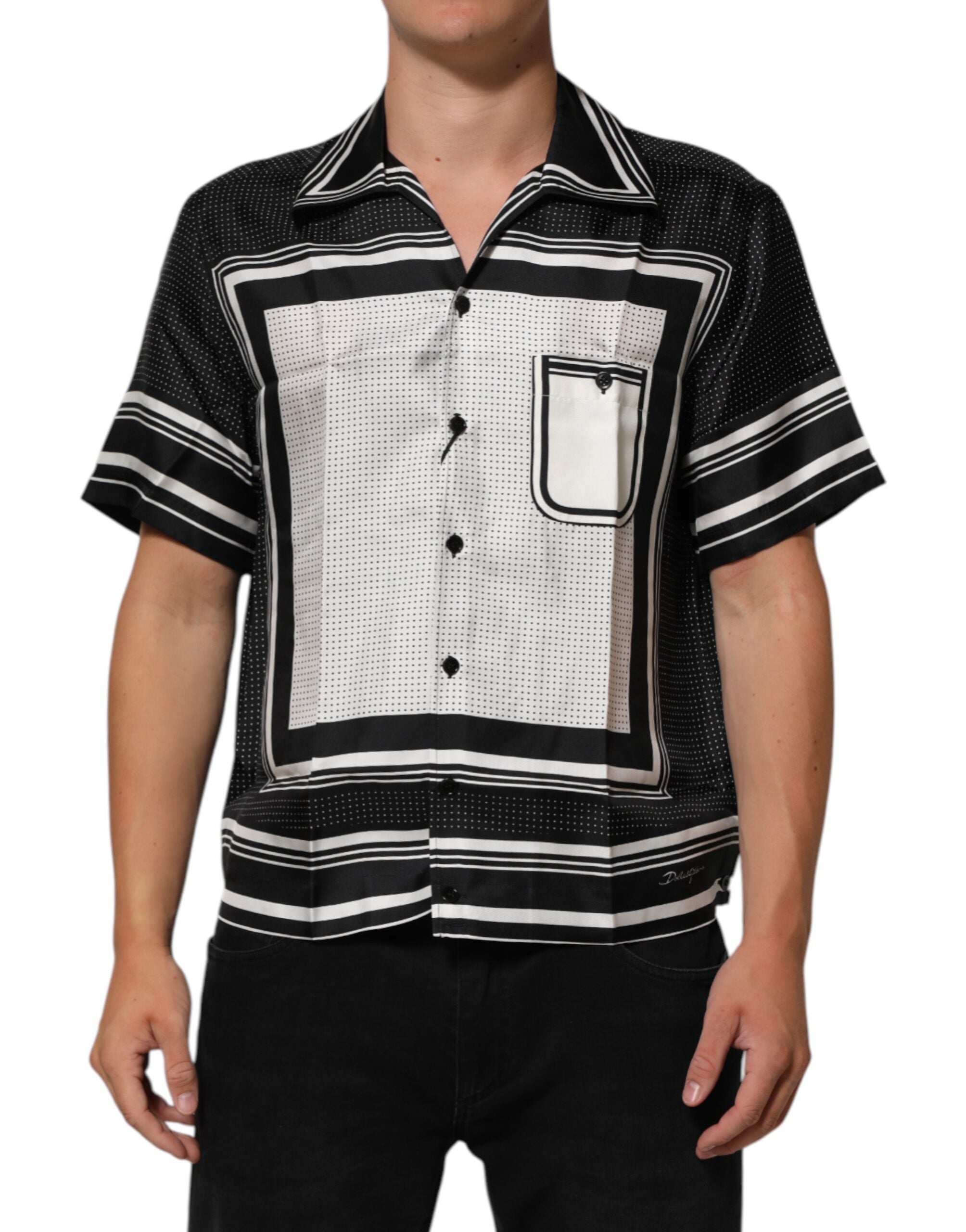 Silk Striped and Dot Print Shirt — Black