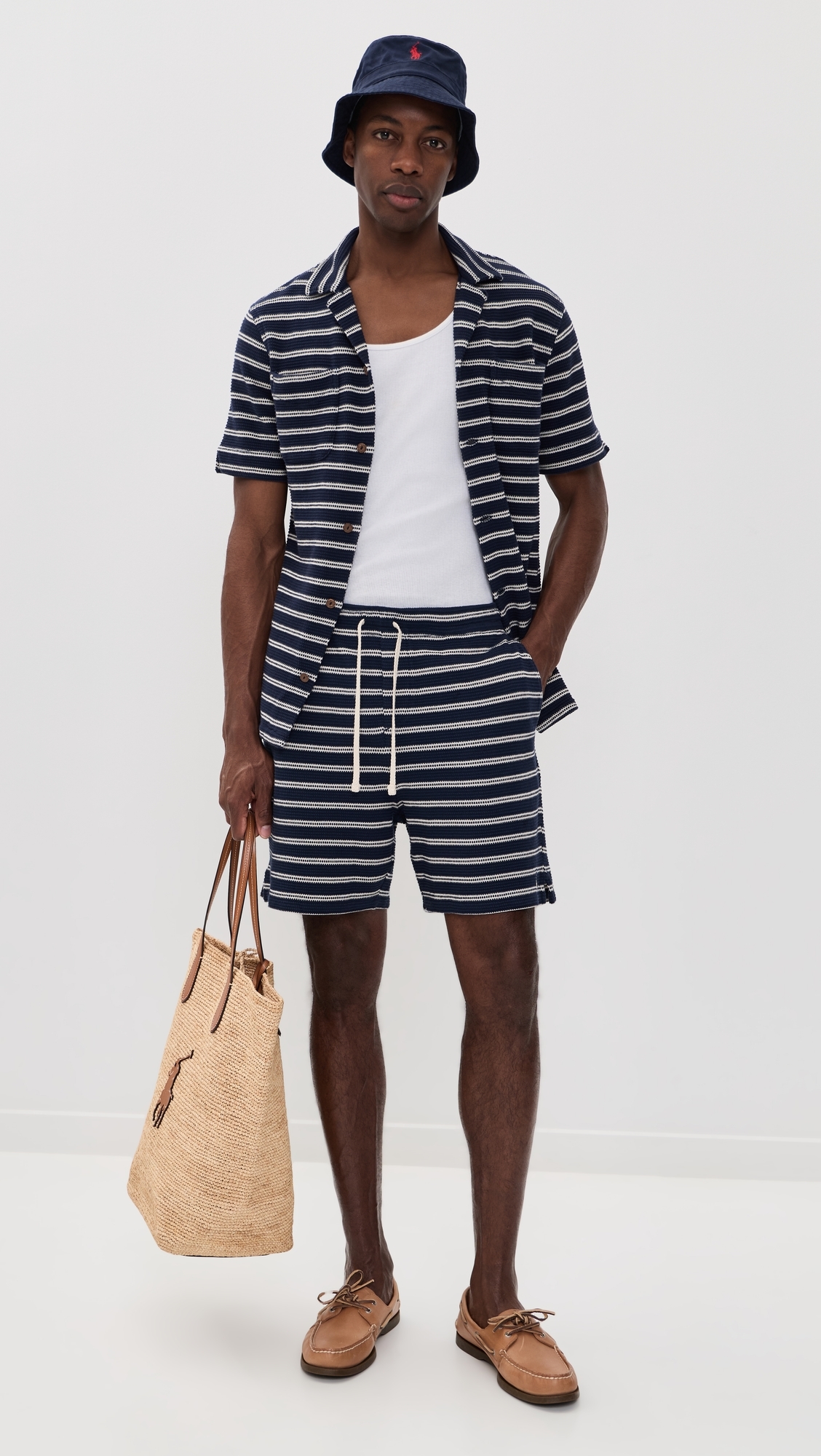 Cotton Club Bar Stripe Textured Pull On Shorts Newport Navy/Pale Cream