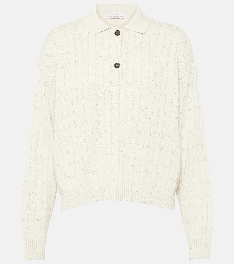 Cable-knit cotton-blend polo sweater