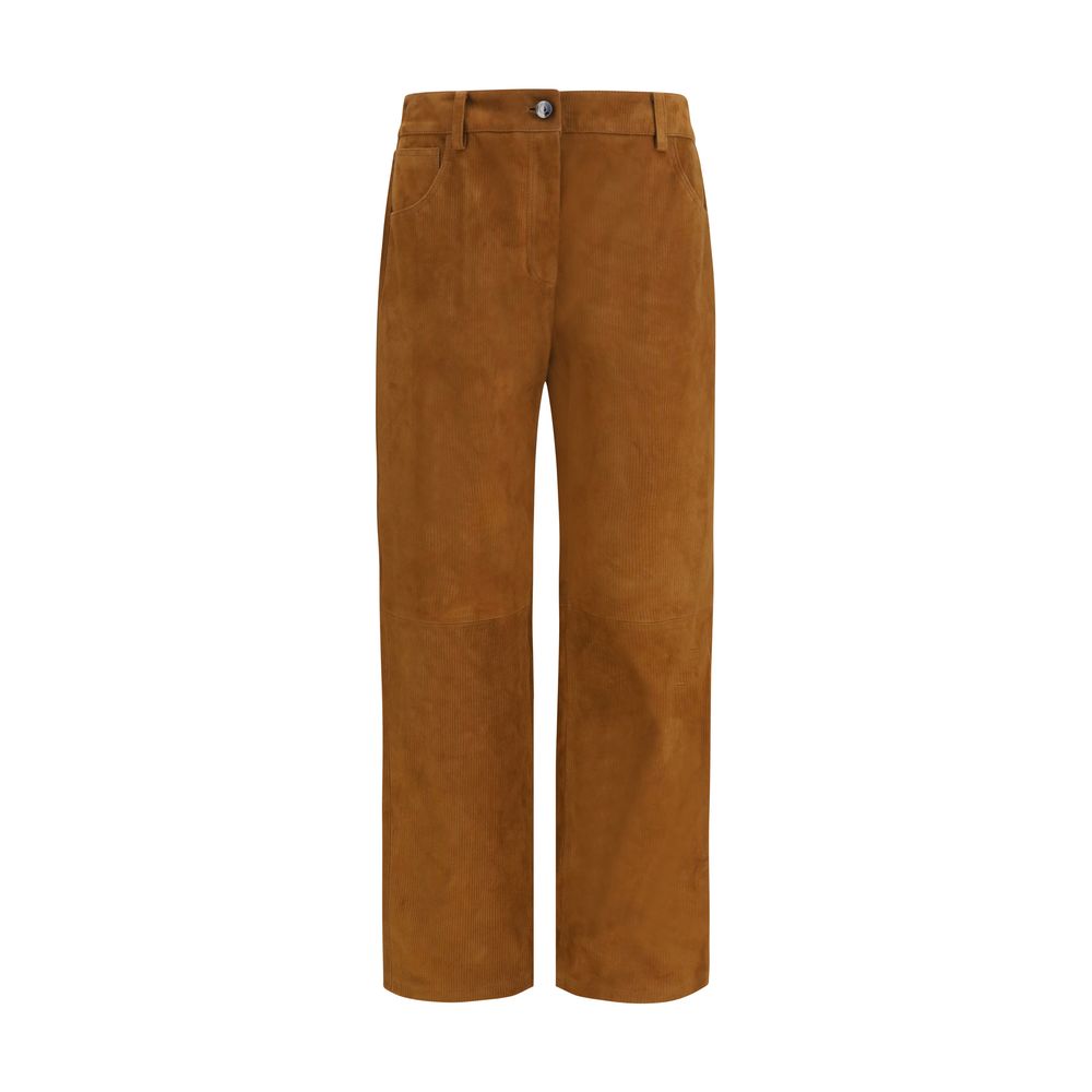 Corduroy-Effect Lambskin Trousers — Brown