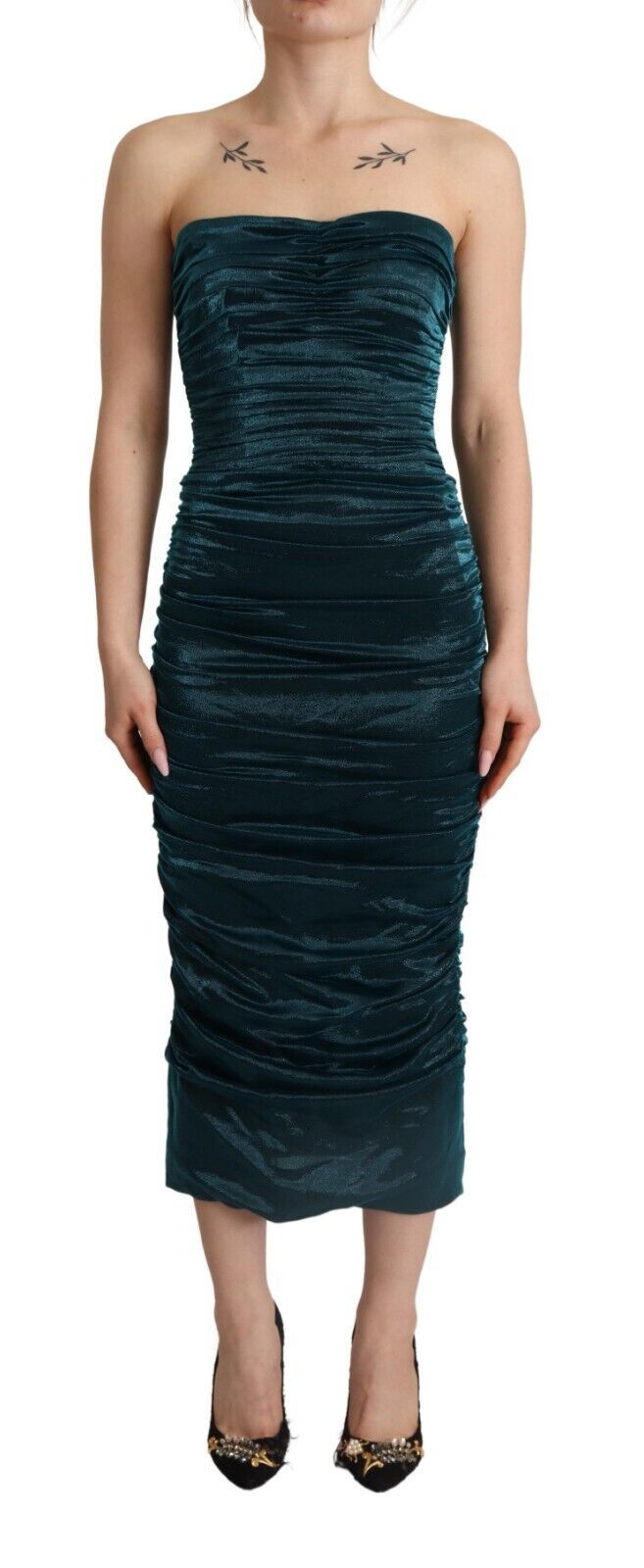 Bustier Bodice Draped Silk Midi Dress — Turquoise