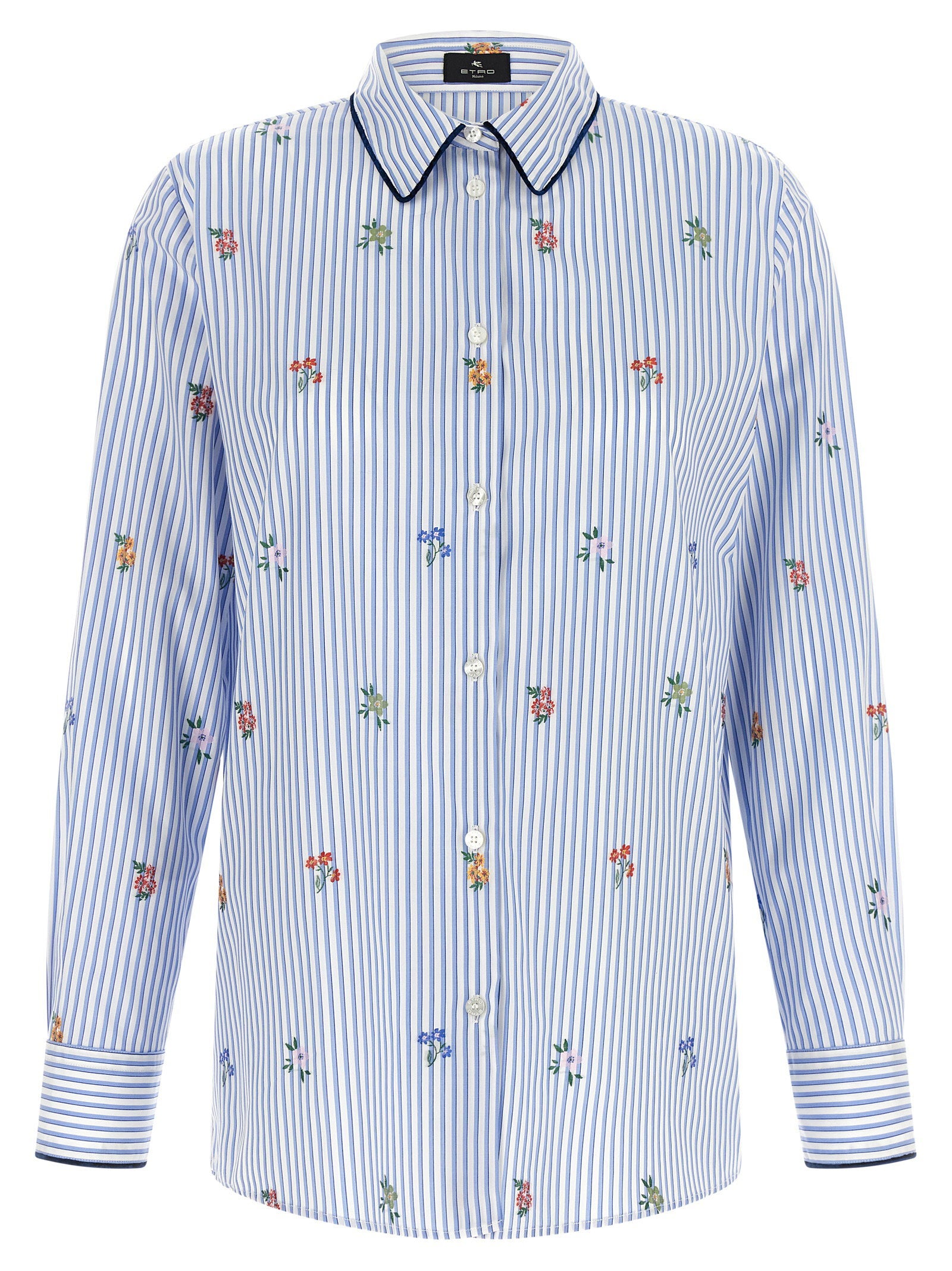 Floral-Embroidered Striped Cotton Shirt — Blue