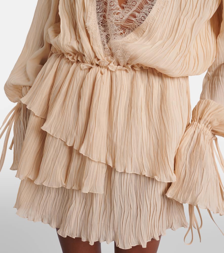 Lace-trimmed plissé georgette minidress