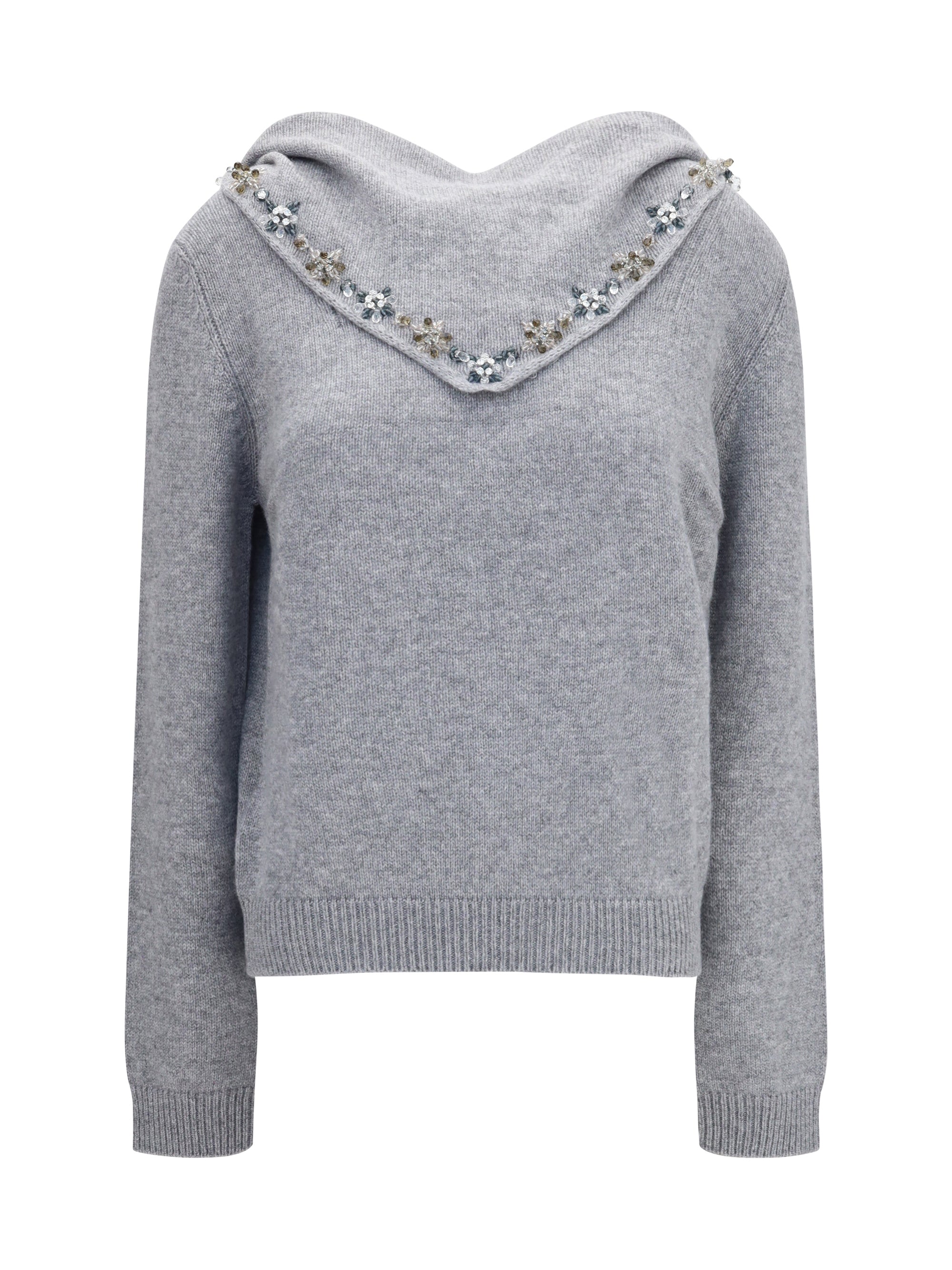 Crystal-Embellished Integrated Scarf Sweater — Gray